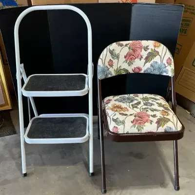 Kitchen Step Stool & Upholstered Floral Folding Chair