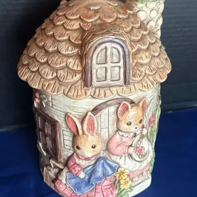 Vintage Takahashi Storybook Cottage Cookie Jar - Rabbit, Cat, Bunny, Mouse, House, Japan