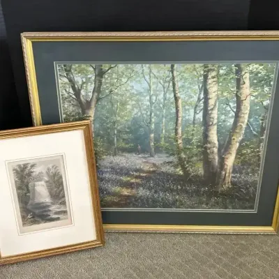2 Gold Framed Landscape Prints - Forest, Green, Stream