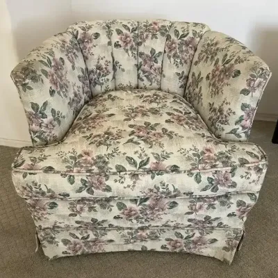 Granny Chic Round Rolling Chair - Beautiful Light Floral Overstuffed