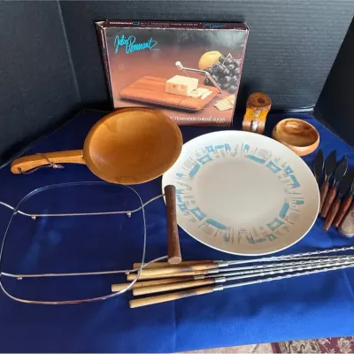 VTG Kitchen - Platter, Teak Slicer, Wood Handles Rack, Knives, Skewers