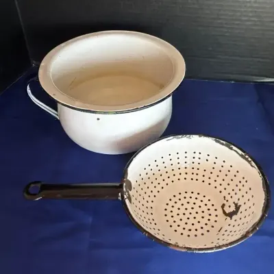 Vintage White Enamelware - Farmhouse Chamber Pot & Handled Colander