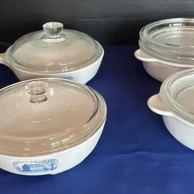 Vintage CorningWare - 2x Colonial House Microwave Browning Skillets 1380 & 2x Grab-It Bowls P-240