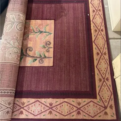 Traditional Burgundy Wool Hooked Area Rug - Geometric & Floral Border, 88”x63”