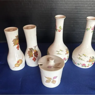 Vintage British Porcelain - Royal Worcester Evesham Condiment & Shakers, Crown Staffordshire Vases