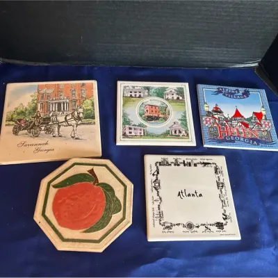5 Atlanta Ceramic Tile Trivets - Savannah, Roswell, Helen Alpine Village, Peach, Atlanta