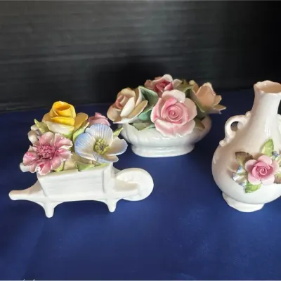 VTG Coalport & Royale Stratford English Bone China Floral Figurines - Wheelbarrow, Roses, Bud Vase