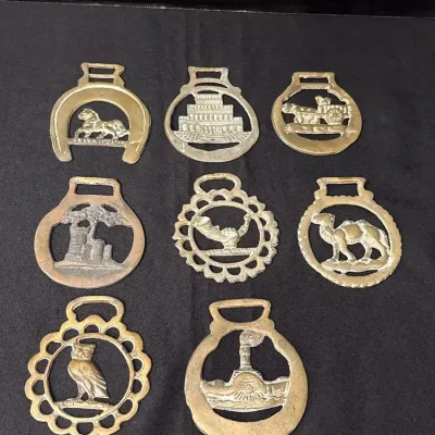 8 VTG English Horse Brass Harness Medallions - Owl, Camel, Carriage, Castle, Horn, Babel, Steamboat