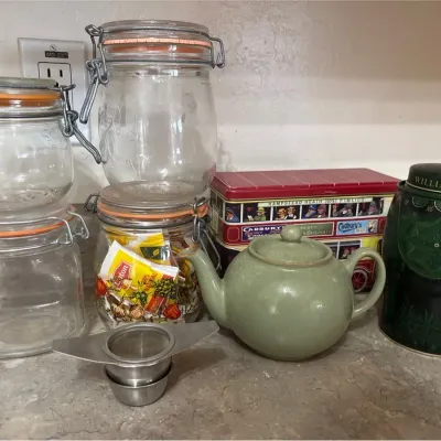 Tea Time - Collectible Tins, Ceramic Teapot, & Glass Jars