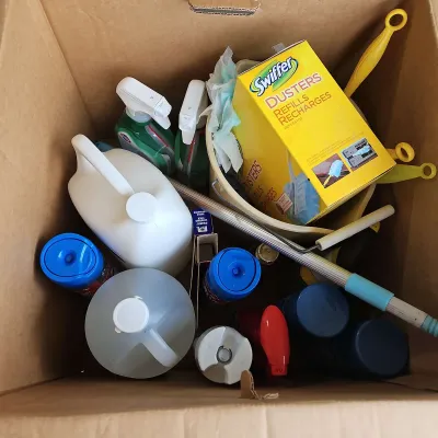 Mystery Box With   Cleaning Supplies- Clorox Multi Surface, Resolve, Dusters, Glass Cleaner, Bucket