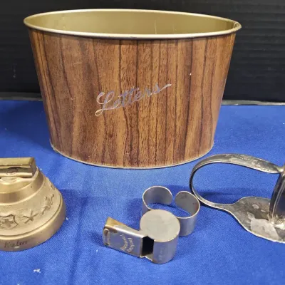 Vintage Letter Holder Can, Small Bronze Or Brass Bell, Alex Taylor Whistle, Spoon Candle Holder