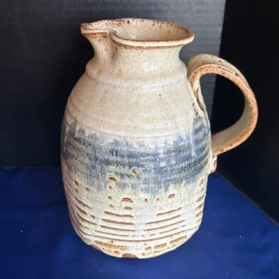 Vintage Signed Studio Pottery Pitcher - Blue & Cream Stoneware