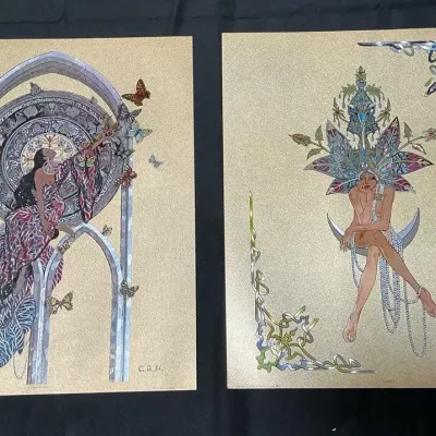 Vintage CAH La Dama Duende & Sonadora Art Noveau Foil Prints 21" x 17"