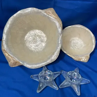 Two Capiz Shell Bowls And Starfish Candle Holders