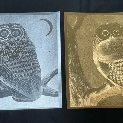 Vintage Gold Silver Owl Foil Prints 12.5" x 12.75"