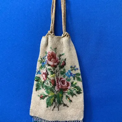 Antique French Art Deco Micro Beaded Drawstring Purse