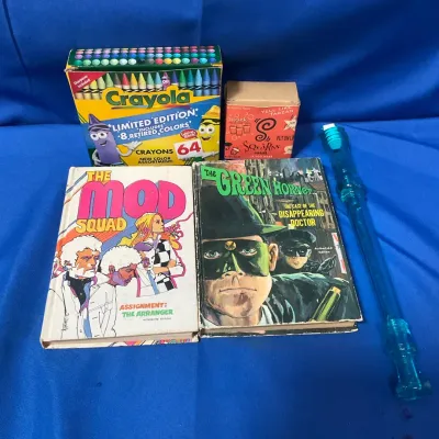 Vintage Crayons, Books, Drinking Game, And Recorder 