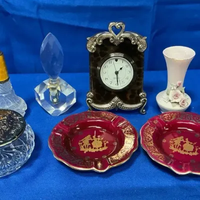 Limoges Ashtrays, Brighton Clock, Crystal Perfume Bottles, & More