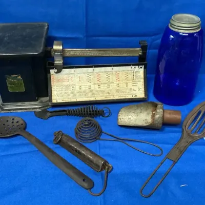 Rustic Antique Decor incl. Cobalt Mason Jar, Kitchen Tools, & Triner Air Mail Scale