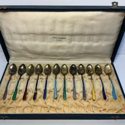 David Anderson Norwegian Guilloche Enamel Demitasse Spoons 