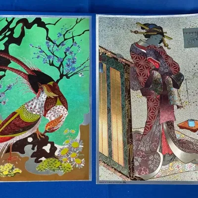 Vintage Asian Foil Prints 16.5"h x 12.5"w