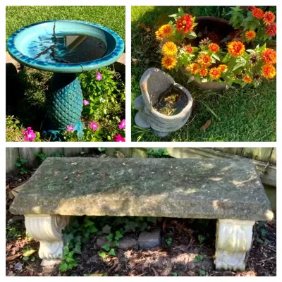 Concrete Garden Bench, Blue Glazed Bird Bath, Frog Planter And Live Zinnias