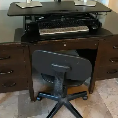 Wood Office Desk, Chair & Adjustable Monitor Riser
