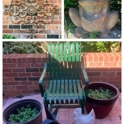 Metal Patio Rocking Chair, Live Periwinkle Planters And Garden Decor