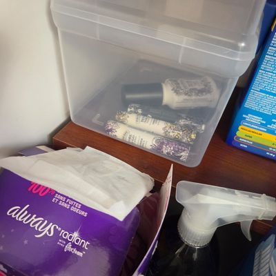 Sale Photo Thumbnail #67: Assorted household items including a clear plastic storage bin containing Poo-Pourri sprays, a box of Always Radiant feminine pads, and a spray bottle.
