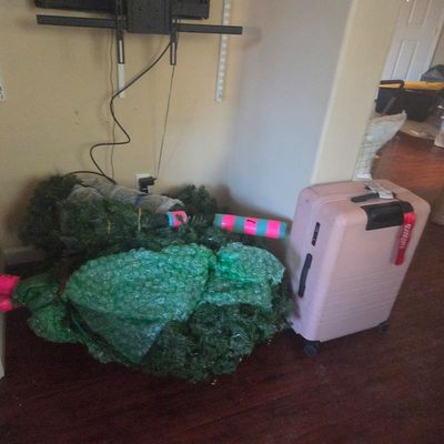 Sale Photo Thumbnail #83: Pink hardside spinner suitcase shown next to a disassembled artificial Christmas tree wrapped in bubble wrap.