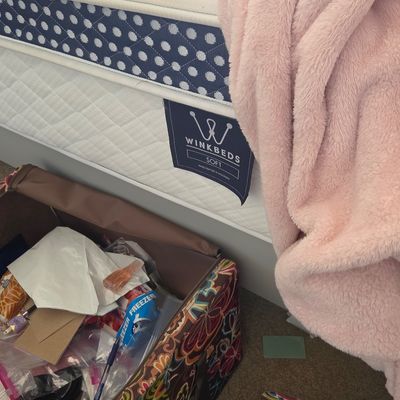 Sale Photo Thumbnail #63: WinkBeds "Soft" model mattress with a blue and white polka dot border, shown alongside a pink fleece blanket and patterned storage bins.