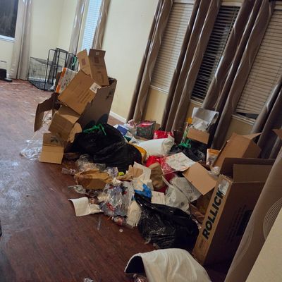 Sale Photo Thumbnail #25: Assorted cardboard boxes, trash bags, and packing materials scattered across a hardwood floor during a cleanout.