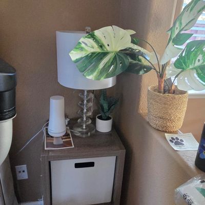 Sale Photo Thumbnail #46: Modern two-tier wood end table with white fabric storage bins, styled with a stacked glass table lamp and artificial plants.