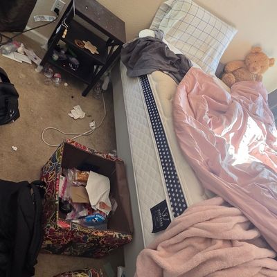 Sale Photo Thumbnail #62: WinkBeds mattress on a bed frame, shown with bedding, a teddy bear, and a dark wood nightstand nearby.