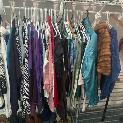 Closet rack packed with colorful women's vintage and contemporary clothing, featuring jackets, tops, and a faux fur stole, alongside...