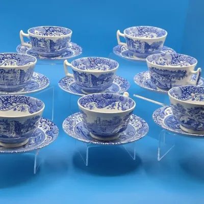 Vintage Spode Blue Italian Tea Cups and Saucers, 8 Each