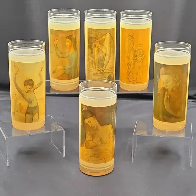 Vintage Vue-Lon Ware Picasso Lithograph Glasses, Lot Of 6