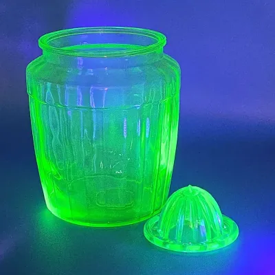 Uranium Glass Citrus Juicer Reamer Top and Ribbed Hoosier Jar