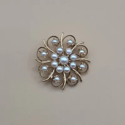 14k Yellow Gold and Cultured Pearl Floral Cluster Brooch