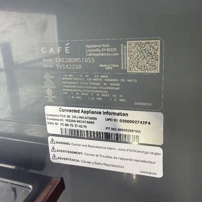Sale Photo Thumbnail #2: Manufacturer's label for a Café refrigerator, model CAE28DM5TBS5, showing serial number and technical specifications.
