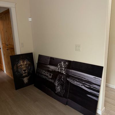 Sale Photo Thumbnail #38: Modern motivational canvas wall art, featuring a lion portrait and a multi-panel "Mindset is Everything" print depicting a kitten with a tiger reflection.