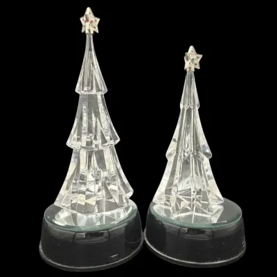 2 Lenox Crystal Christmas Trees & Lighted Stands 