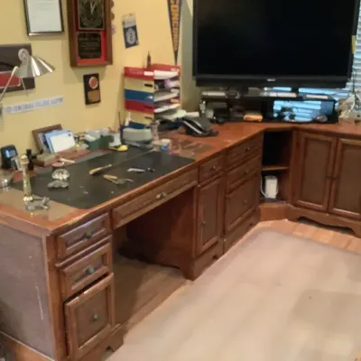 Four Section Vintage Desk With Solid Wood Framing And Rattan Draw Inserts