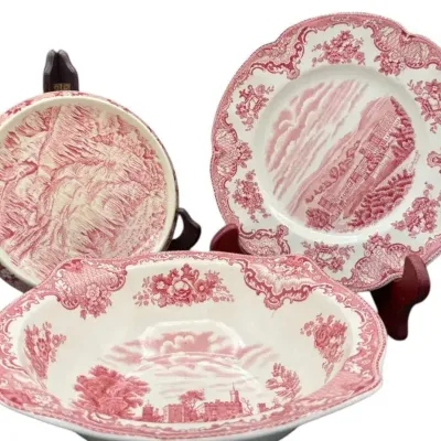 3 Pieces Red And White Transfer Ware