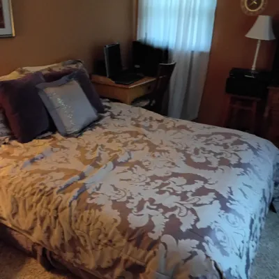Sale Photo Thumbnail #34: Bedroom set featuring a bed with a brown and white damask pattern comforter, matching accent pillows, a small wooden desk, and a side table with a white lamp.