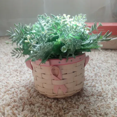 Sale Photo Thumbnail #4: Small woven Longaberger-style basket pot with pink trim and a breast cancer awareness ribbon, filled with artificial greenery.