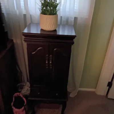 Sale Photo Thumbnail #44: Traditional dark wood standing jewelry armoire featuring double cabinet doors, lower drawer, and cabriole legs, topped with a faux potted plant.