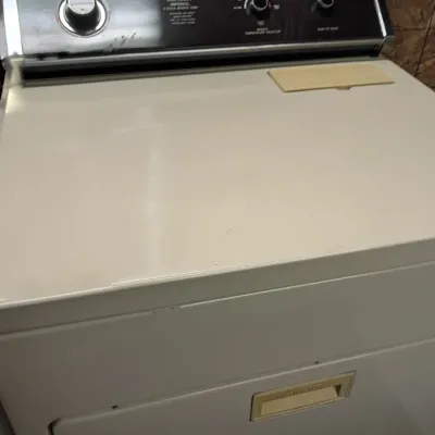Sale Photo Thumbnail #30: Vintage Whirlpool Imperial super capacity electric dryer in off-white, featuring a black control panel with rotary dials.