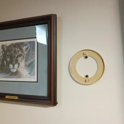 Sale Photo Thumbnail #64: Framed wildlife art print depicting a cougar alongside a plastic round wall plate cover.