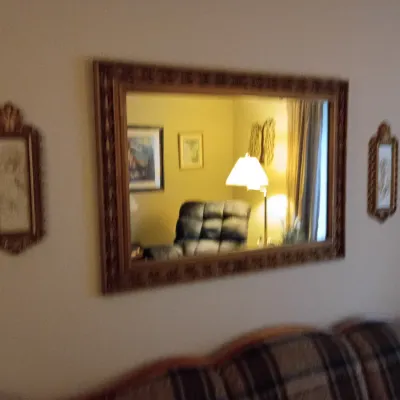 Sale Photo Thumbnail #52: Large rectangular wall mirror with a molded ornate frame, flanked by two small matching framed decorative wall plaques.